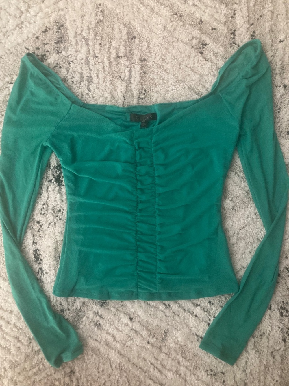 New Guess green mesh long sleeves wide neck ruched sexy crop top XS /S